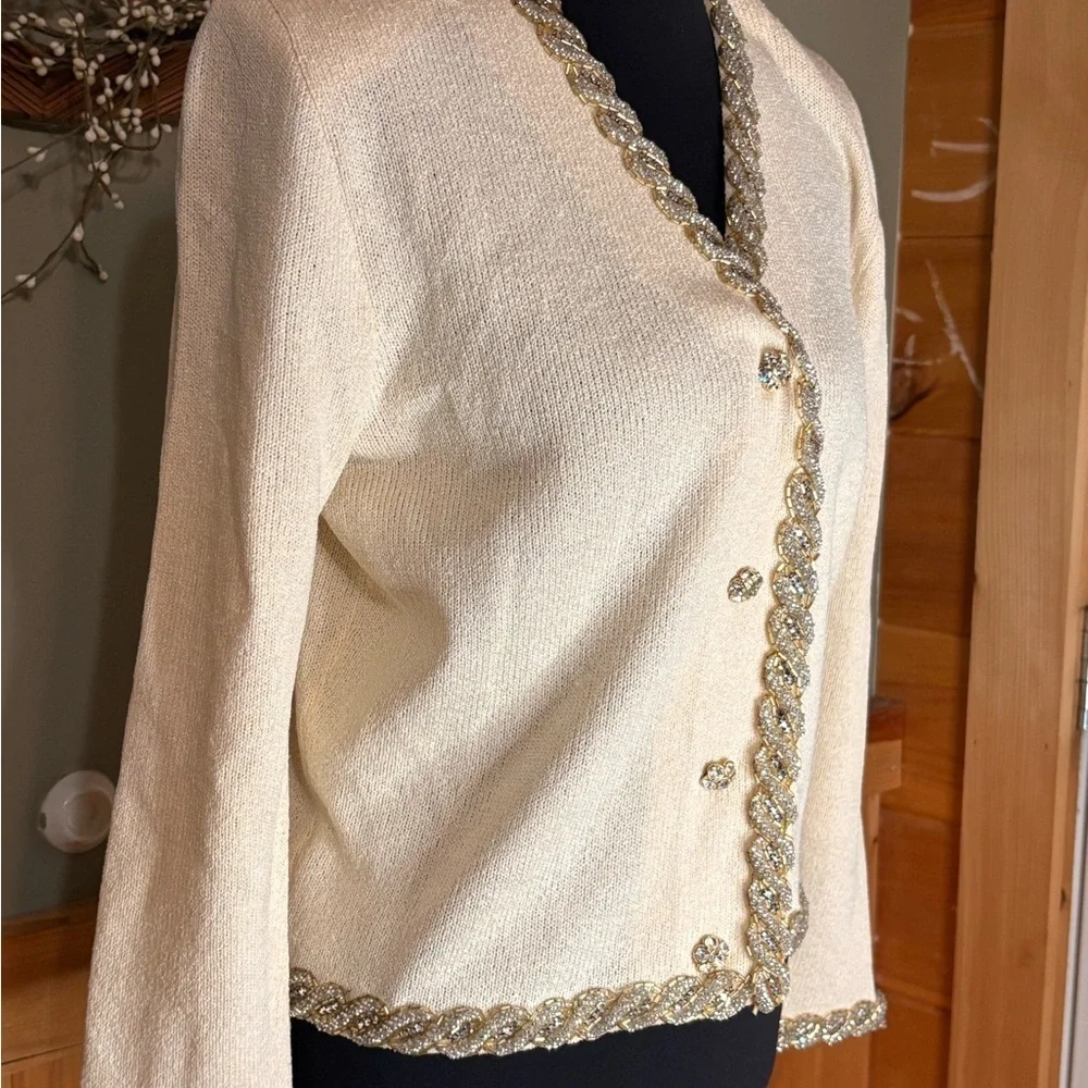 Vintage Chic Cream Cardigan with Gold Jewel Detailing made in USA size 4